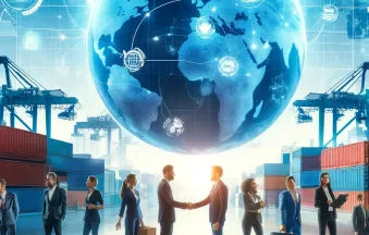 DALL·E 2025-01-21 20.40.01 - A modern B2B marketplace concept with a global map in the background, diverse professionals shaking hands, and shipping containers in a futuristic por