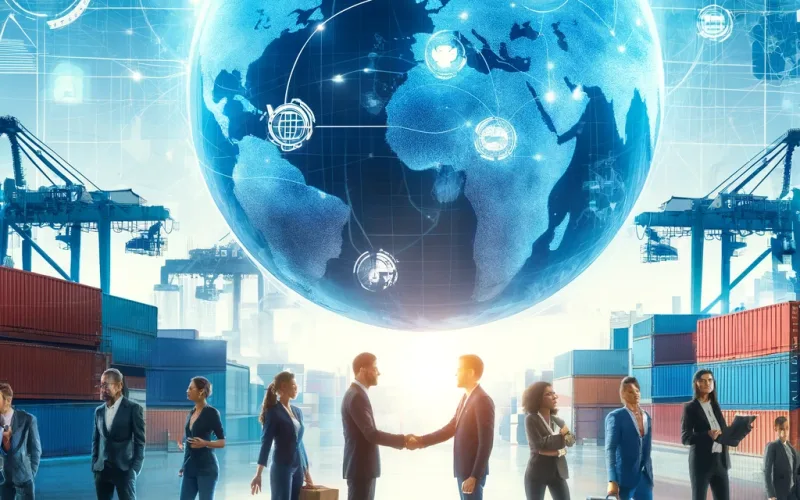 DALL·E 2025-01-21 20.40.01 - A modern B2B marketplace concept with a global map in the background, diverse professionals shaking hands, and shipping containers in a futuristic por