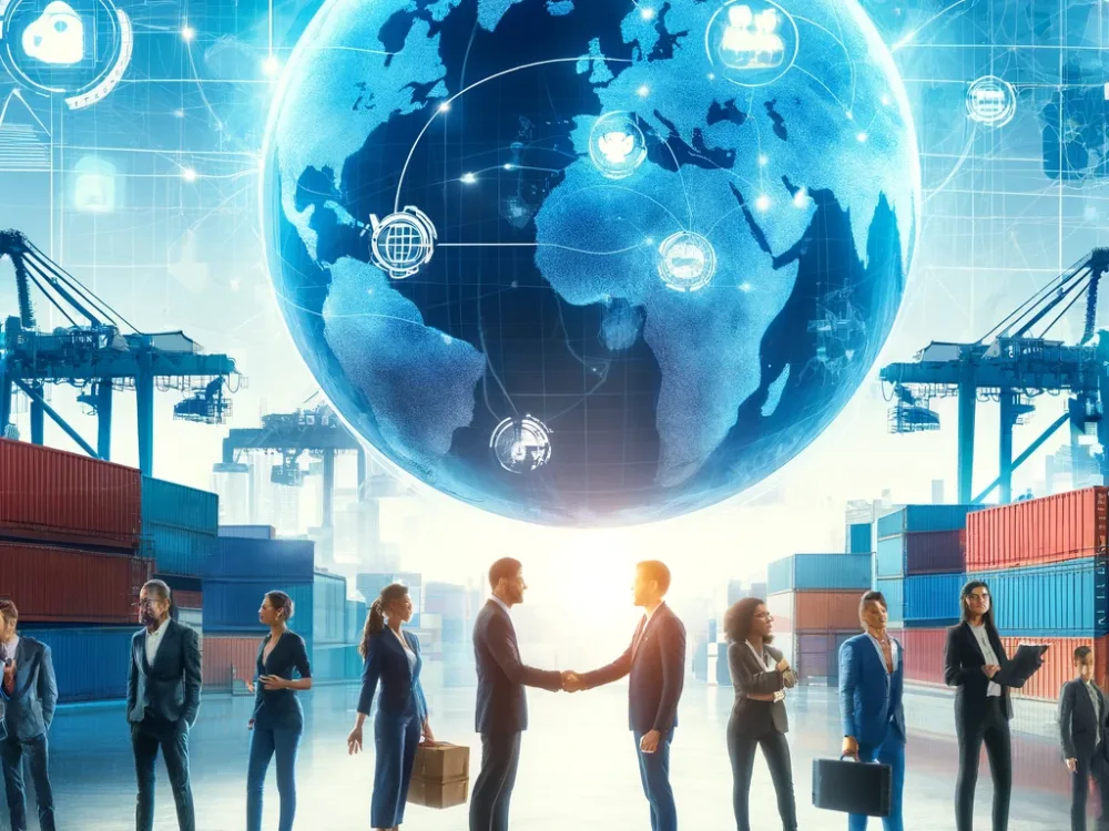 DALL·E 2025-01-21 20.40.01 - A modern B2B marketplace concept with a global map in the background, diverse professionals shaking hands, and shipping containers in a futuristic por