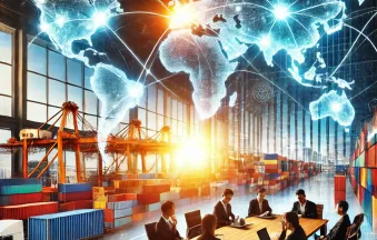 DALL·E 2025-01-22 00.32.32 - A vibrant international trade concept featuring a global map with connecting trade routes, containers at a busy port, and diverse business professiona