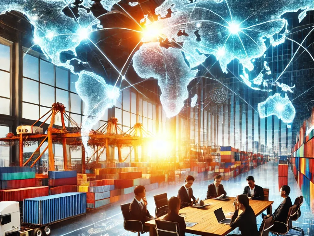 DALL·E 2025-01-22 00.32.32 - A vibrant international trade concept featuring a global map with connecting trade routes, containers at a busy port, and diverse business professiona