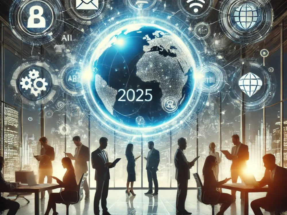 DALL·E 2025-01-22 13.27.26 - A futuristic and dynamic representation of B2B e-commerce trends in 2025. The image features a glowing digital interface with graphs, AI icons, blockc